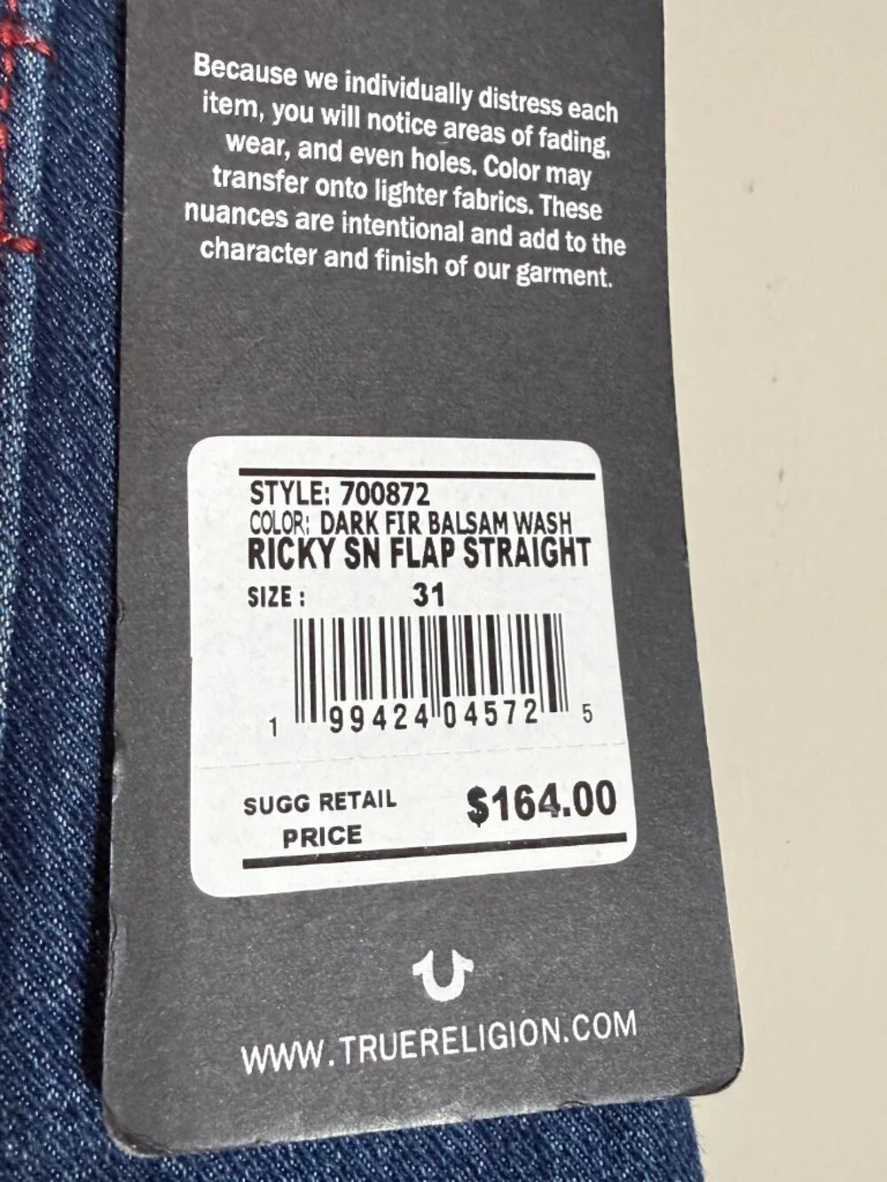 True Religion Ricky Flap Relaxed Straight Denim Jeans Men's 31 Medium Wash NWT